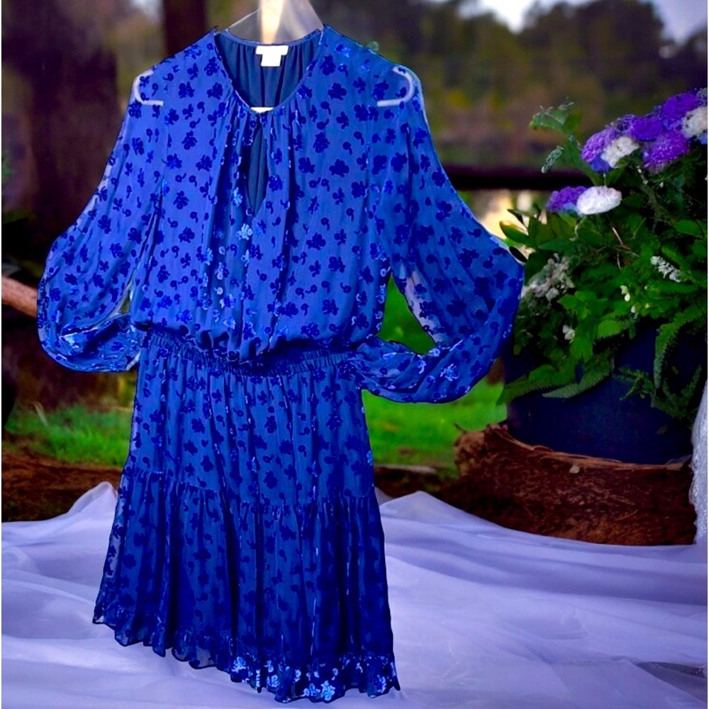 Shoshanna Royal Blue 100% Silk & Velvet prairie Luxury Dress Lightweight Size 4